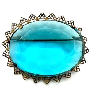 Czechoslovakia antique Art Deco 1920s aqua blue glass rhinestone brass brooch